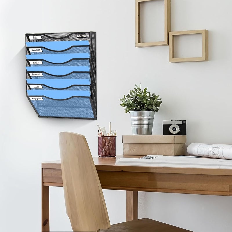 BOHDK Wall File Organizer, 6 Tier Hanging File Folder Mail Organizer, Vertical Mesh Metal Wall Mount Hanging File Holder, Paper Document Magazine Rack for Home Office Black - Image 4